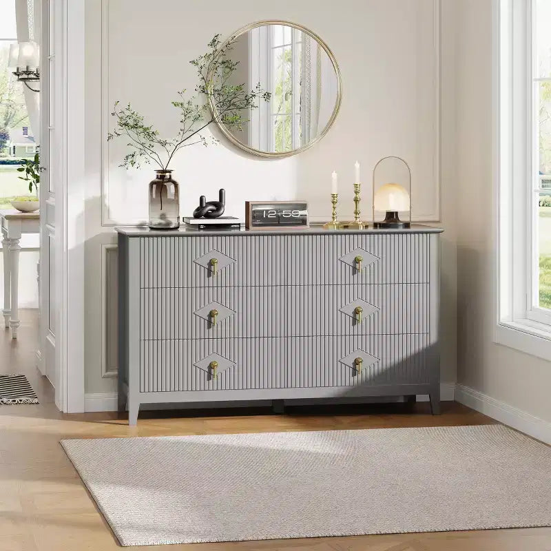 Commode cannelée à 6 tiroirs pour chambre à coucher, commode moderne de 137 cm de large avec poignées en métal, organisateur de commode en bois
