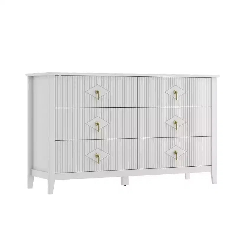 Commode cannelée à 6 tiroirs pour chambre à coucher, commode moderne de 137 cm de large avec poignées en métal, organisateur de commode en bois