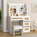COZONY Rattan Makeup Vanity Desk with Mirror & Adjustable LED Light, Large Storage Vanity with 4 Drawers and 2-Tier Open Shelves for Bedroom, White