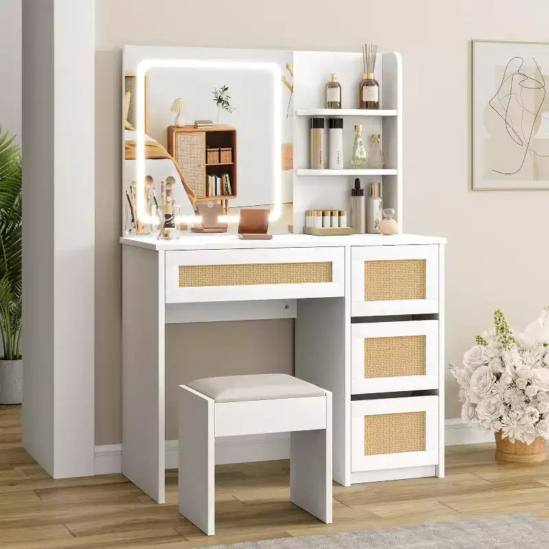 COZONY Rattan Makeup Vanity Desk with Mirror & Adjustable LED Light, Large Storage Vanity with 4 Drawers and 2-Tier Open Shelves for Bedroom, White