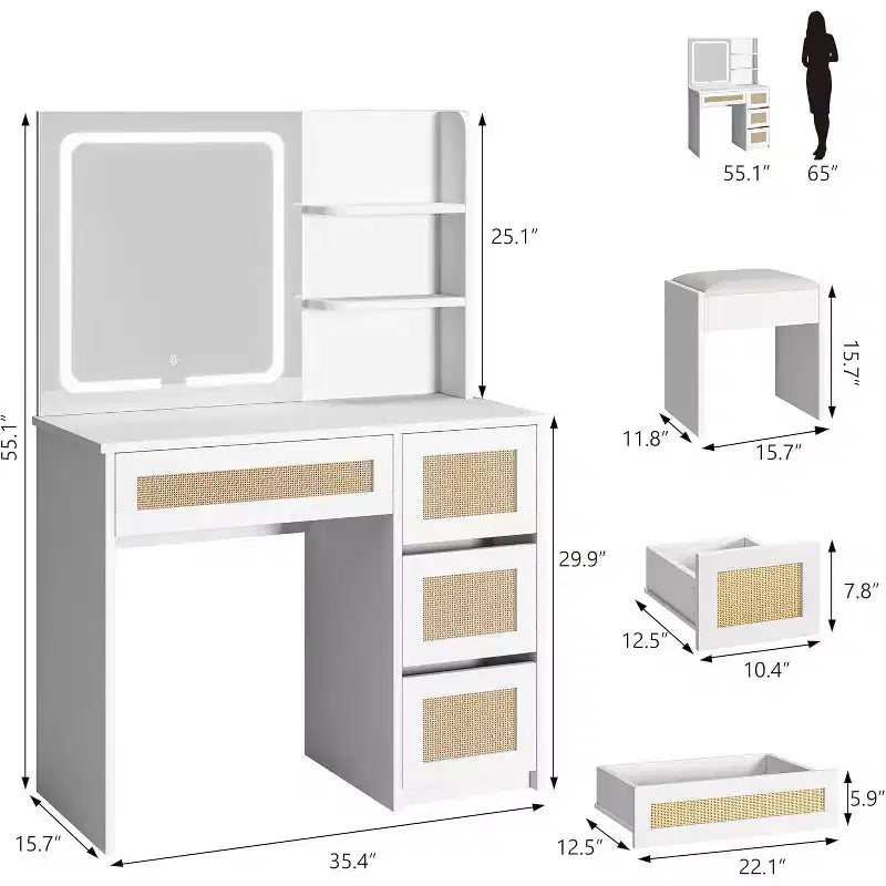 Coiffeuse en rotin avec miroir et lumière LED réglable, grande coiffeuse de rangement avec 4 tiroirs et étagères ouvertes à 2 niveaux pour chambre à coucher, blanc