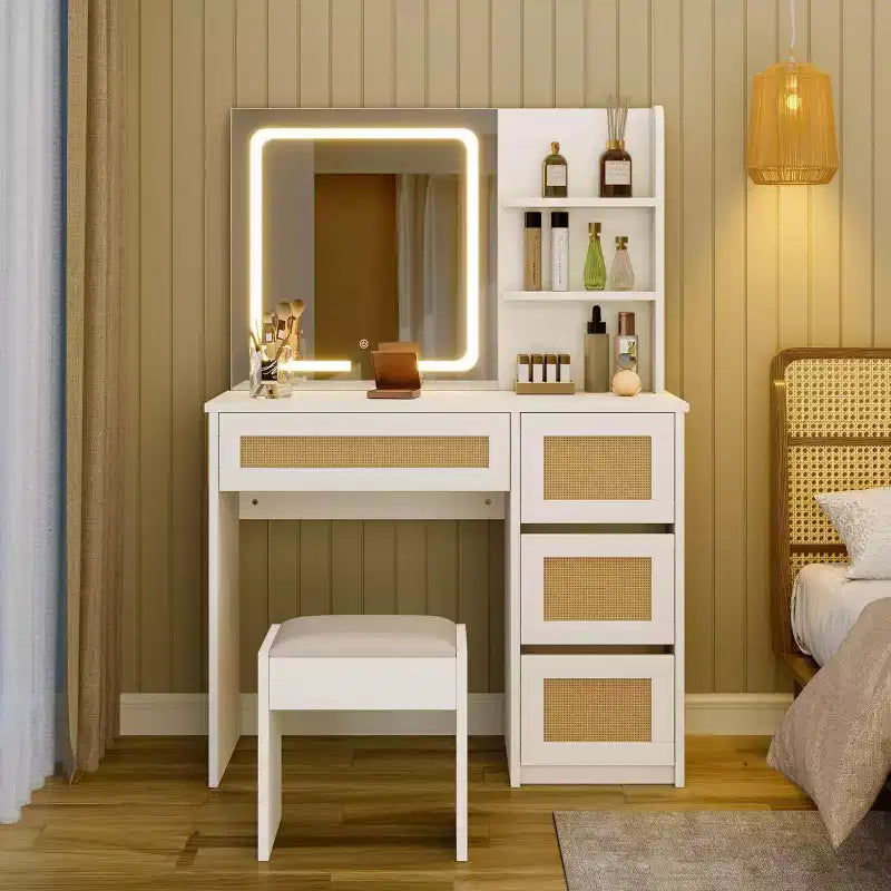 Coiffeuse en rotin avec miroir et lumière LED réglable, grande coiffeuse de rangement avec 4 tiroirs et étagères ouvertes à 2 niveaux pour chambre à coucher, blanc