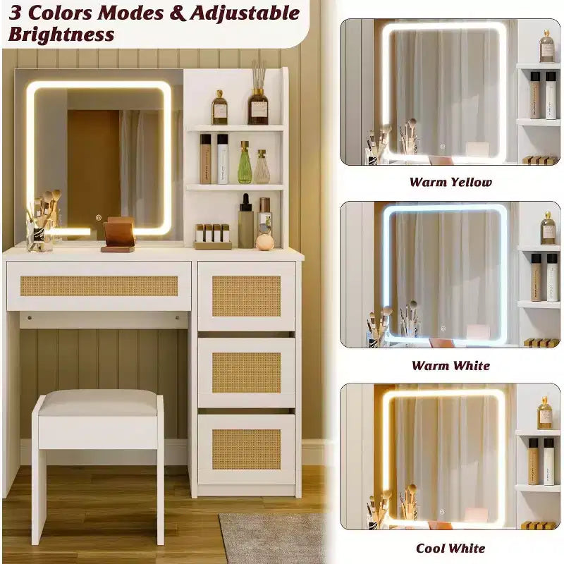 Coiffeuse en rotin avec miroir et lumière LED réglable, grande coiffeuse de rangement avec 4 tiroirs et étagères ouvertes à 2 niveaux pour chambre à coucher, blanc