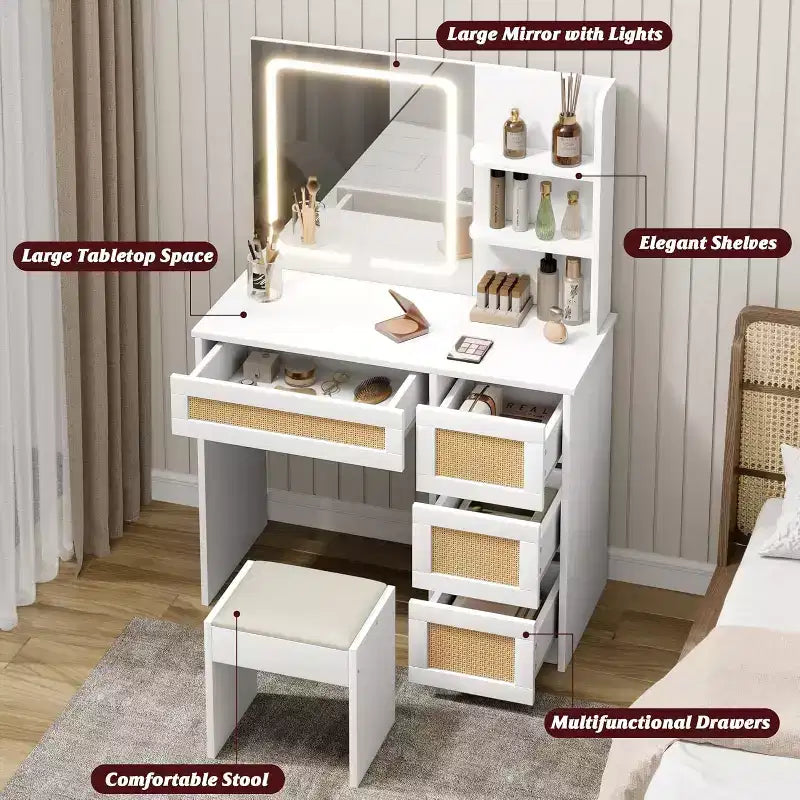 Coiffeuse en rotin avec miroir et lumière LED réglable, grande coiffeuse de rangement avec 4 tiroirs et étagères ouvertes à 2 niveaux pour chambre à coucher, blanc