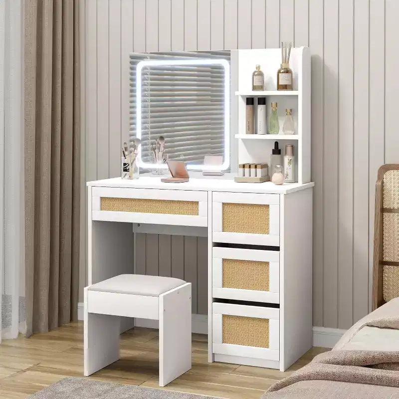 Coiffeuse en rotin avec miroir et lumière LED réglable, grande coiffeuse de rangement avec 4 tiroirs et étagères ouvertes à 2 niveaux pour chambre à coucher, blanc
