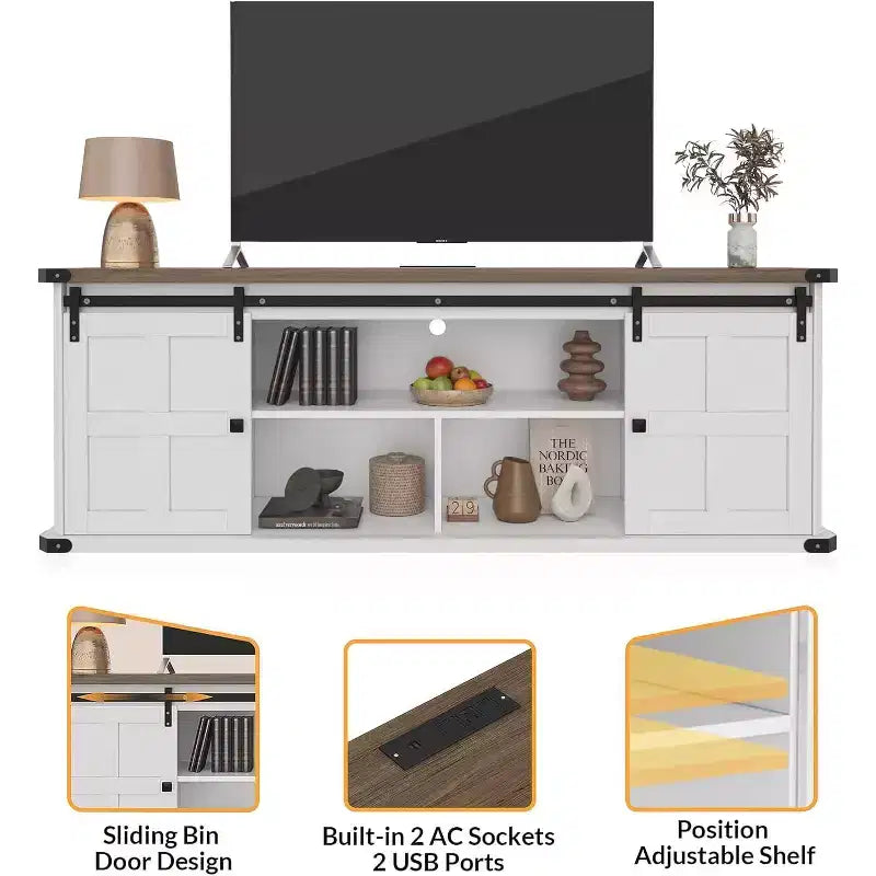 Meuble TV de ferme pour téléviseurs de 75/80 pouces, meuble de 70 pouces avec rangement, porte coulissante de style grange, prise de courant, console de divertissement pour salon