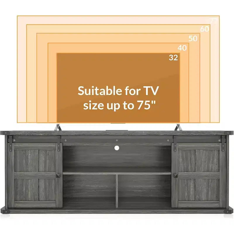 Meuble TV de ferme pour téléviseurs de 75/80 pouces, meuble de 70 pouces avec rangement, porte coulissante de style grange, prise de courant, console de divertissement pour salon