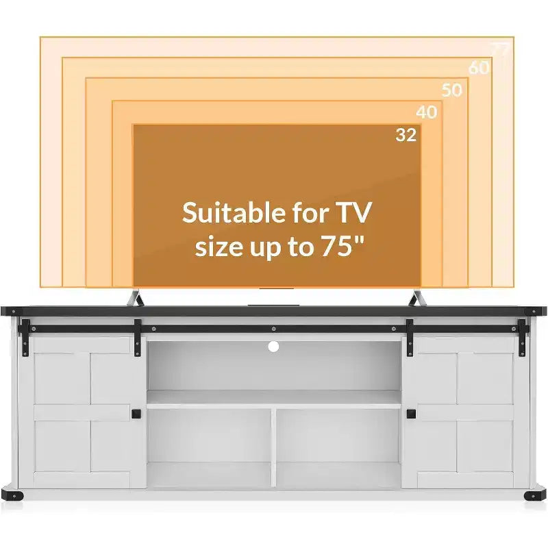 Meuble TV de ferme pour téléviseurs de 75/80 pouces, meuble de 70 pouces avec rangement, porte coulissante de style grange, prise de courant, console de divertissement pour salon