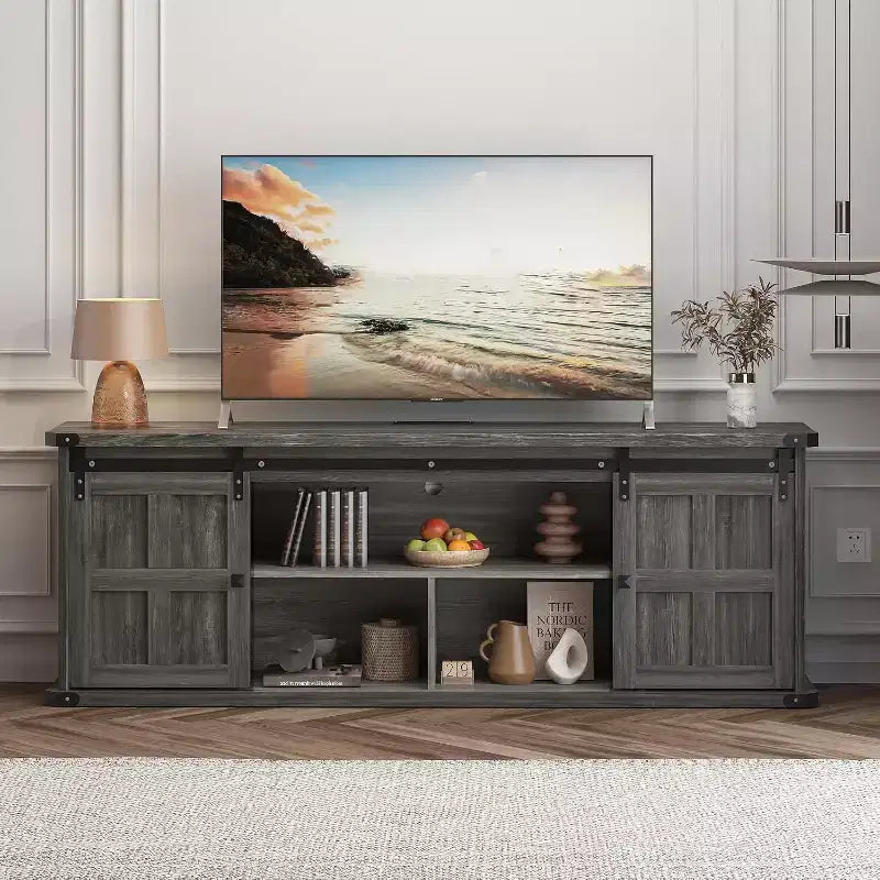Farmhouse TV Stand for 75/80 TVs, 70 Cabinet with Storage, Sliding Barn Door, Power Outlet, Entertainment Console for Living Room