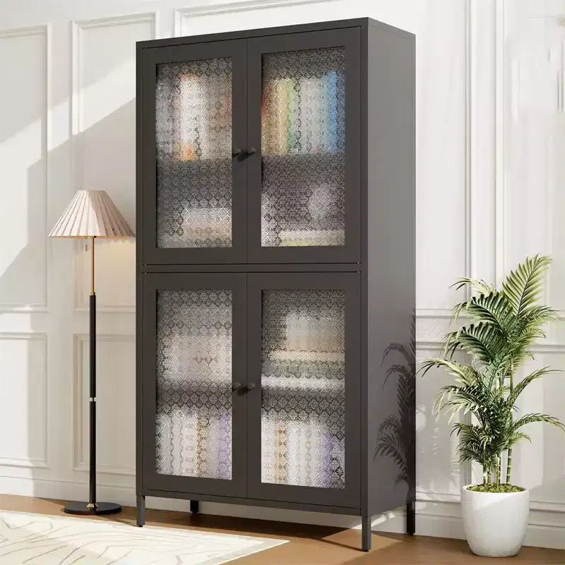 Armoire de rangement en métal, armoire de présentation haute de 150 cm avec 4 portes vitrées, meuble de rangement de cuisine, armoire de rangement en verre pour la maison ou le bureau