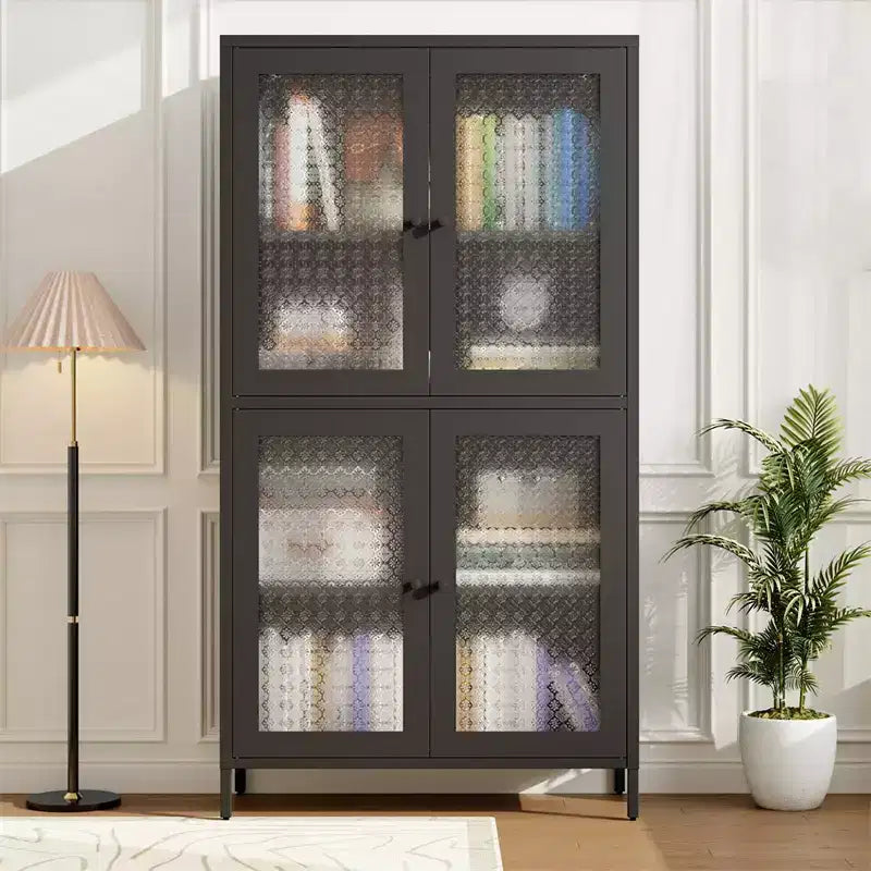 Armoire de rangement en métal, armoire de présentation haute de 150 cm avec 4 portes vitrées, meuble de rangement de cuisine, armoire de rangement en verre pour la maison ou le bureau