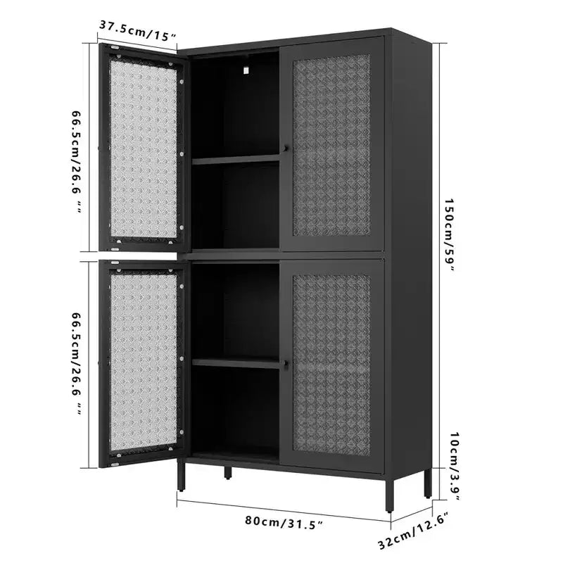 Armoire de rangement en métal, armoire de présentation haute de 150 cm avec 4 portes vitrées, meuble de rangement de cuisine, armoire de rangement en verre pour la maison ou le bureau