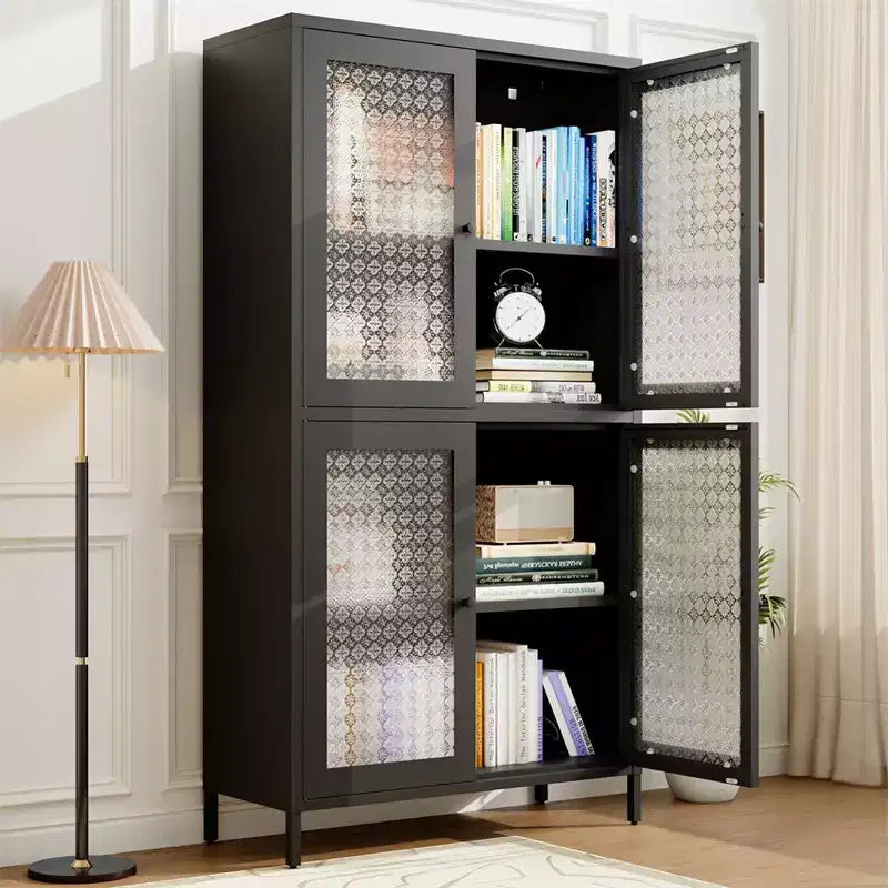 Armoire de rangement en métal, armoire de présentation haute de 150 cm avec 4 portes vitrées, meuble de rangement de cuisine, armoire de rangement en verre pour la maison ou le bureau