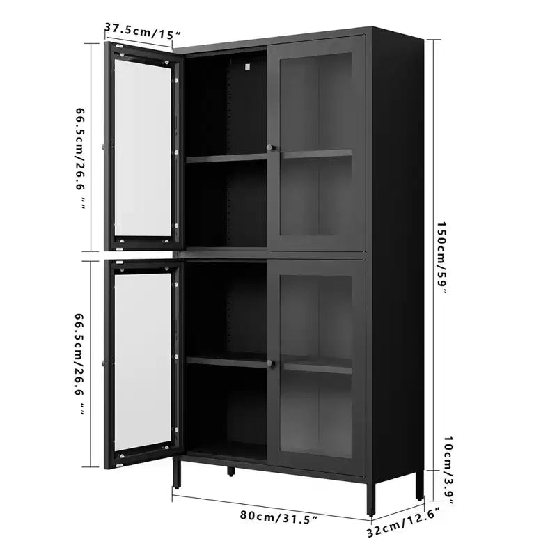 Armoire de rangement en métal, armoire de présentation haute de 150 cm avec 4 portes vitrées, meuble de rangement de cuisine, armoire de rangement en verre pour la maison ou le bureau