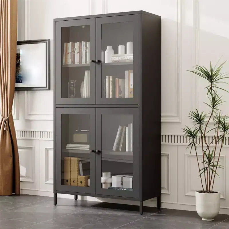 Armoire de rangement en métal, armoire de présentation haute de 150 cm avec 4 portes vitrées, meuble de rangement de cuisine, armoire de rangement en verre pour la maison ou le bureau