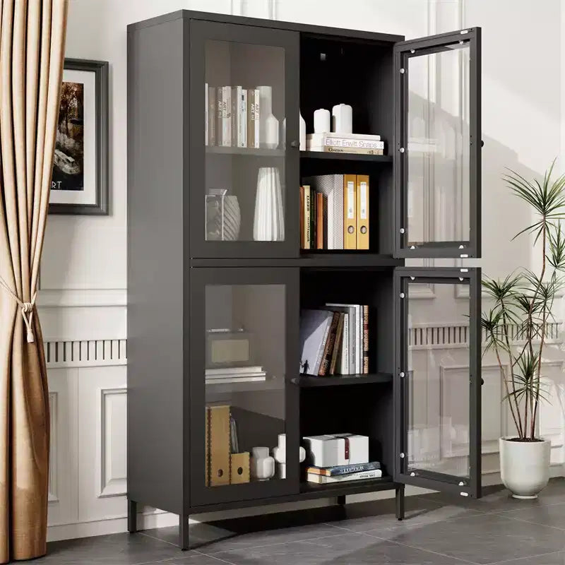 Armoire de rangement en métal, armoire de présentation haute de 150 cm avec 4 portes vitrées, meuble de rangement de cuisine, armoire de rangement en verre pour la maison ou le bureau