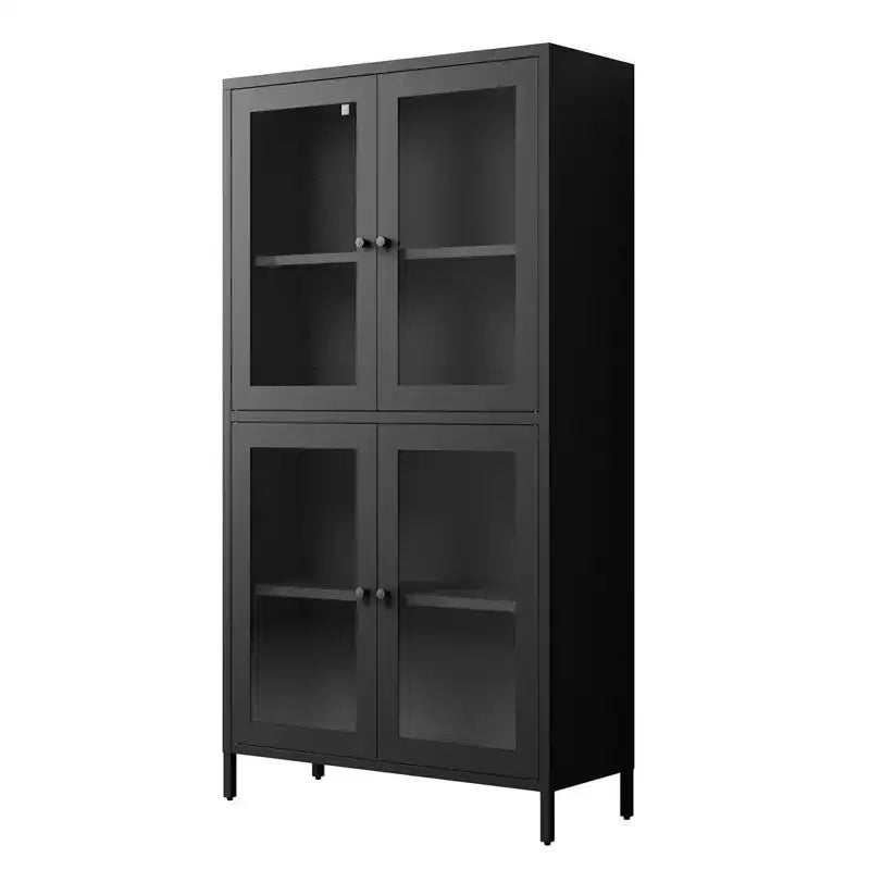 Armoire de rangement en métal, armoire de présentation haute de 150 cm avec 4 portes vitrées, meuble de rangement de cuisine, armoire de rangement en verre pour la maison ou le bureau