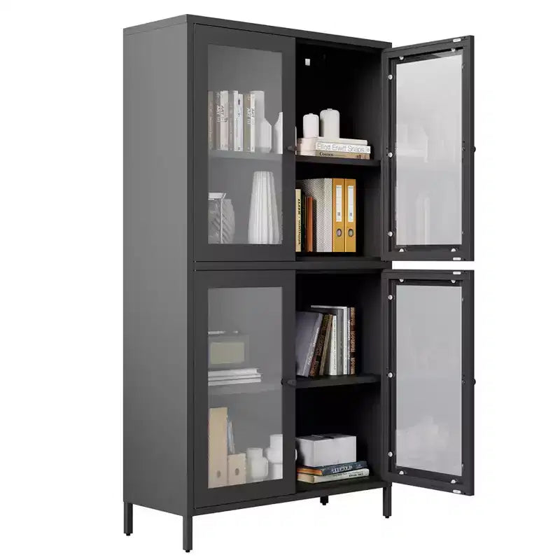 Armoire de rangement en métal, armoire de présentation haute de 150 cm avec 4 portes vitrées, meuble de rangement de cuisine, armoire de rangement en verre pour la maison ou le bureau