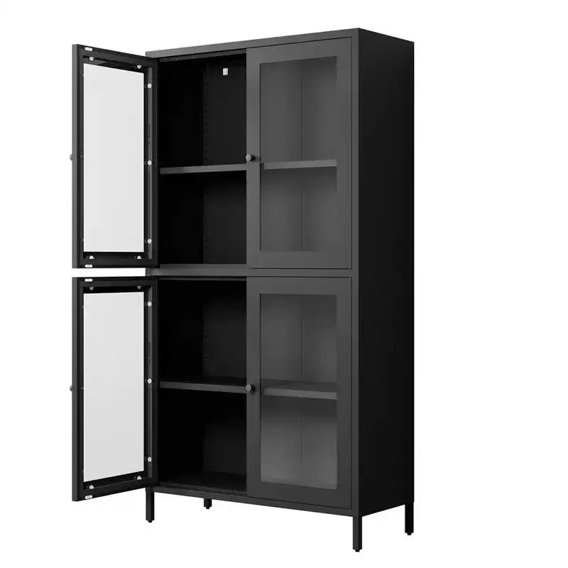 Armoire de rangement en métal, armoire de présentation haute de 150 cm avec 4 portes vitrées, meuble de rangement de cuisine, armoire de rangement en verre pour la maison ou le bureau