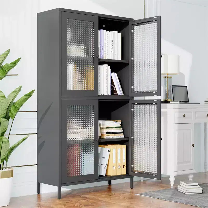 Armoire de rangement en métal, armoire de présentation haute de 150 cm avec 4 portes vitrées, meuble de rangement de cuisine, armoire de rangement en verre pour la maison ou le bureau