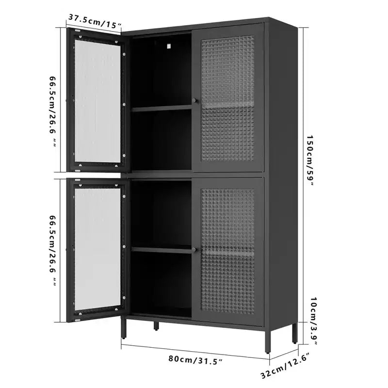 Armoire de rangement en métal, armoire de présentation haute de 150 cm avec 4 portes vitrées, meuble de rangement de cuisine, armoire de rangement en verre pour la maison ou le bureau