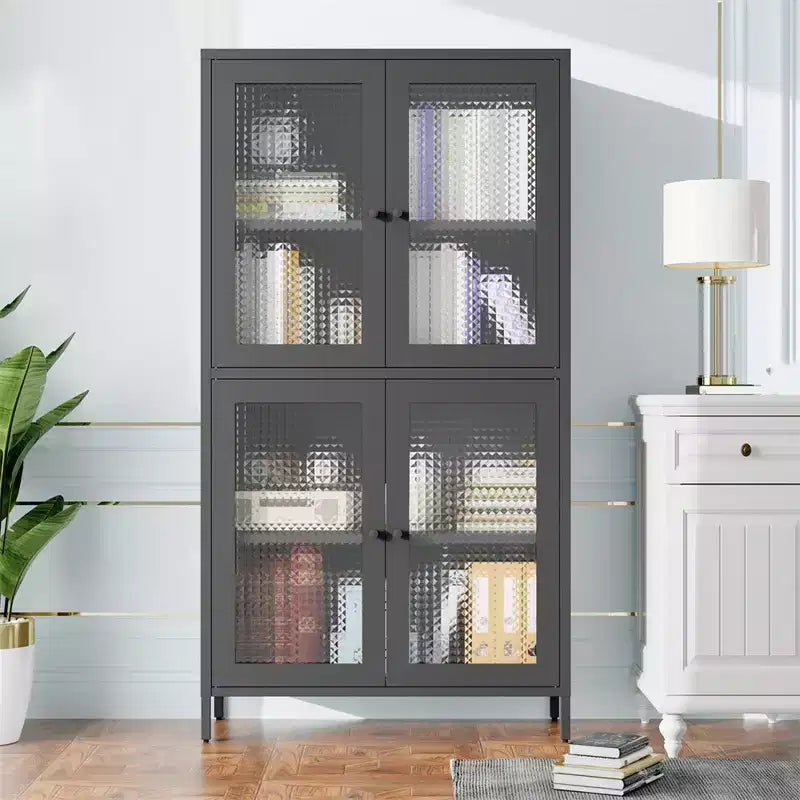 Armoire de rangement en métal, armoire de présentation haute de 150 cm avec 4 portes vitrées, meuble de rangement de cuisine, armoire de rangement en verre pour la maison ou le bureau