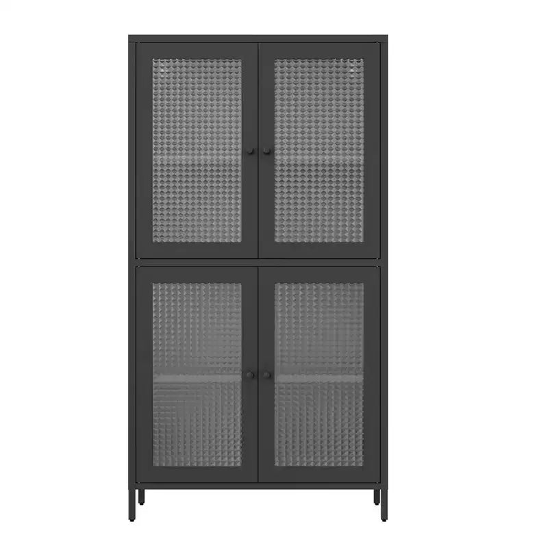 Armoire de rangement en métal, armoire de présentation haute de 150 cm avec 4 portes vitrées, meuble de rangement de cuisine, armoire de rangement en verre pour la maison ou le bureau