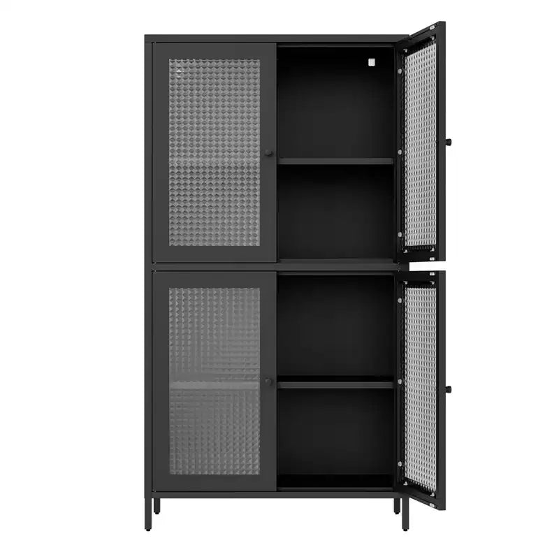 Armoire de rangement en métal, armoire de présentation haute de 150 cm avec 4 portes vitrées, meuble de rangement de cuisine, armoire de rangement en verre pour la maison ou le bureau