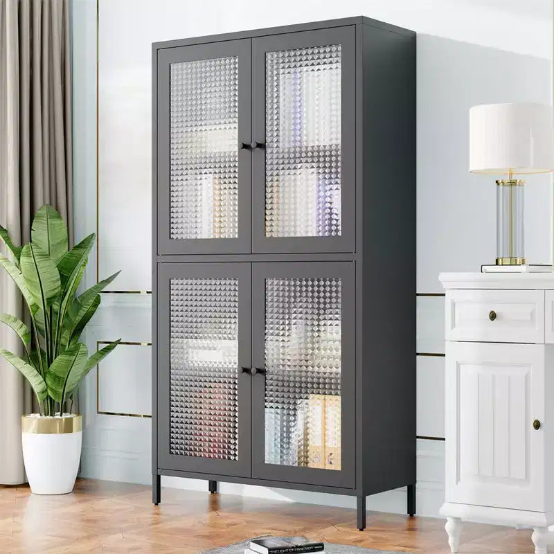 Metal Storage Cabinet, 59 Tall Display Cabinet with 4 Glass Door, Kitchen Pantry Cabinet, Glass Storage Cabinet for Home Office