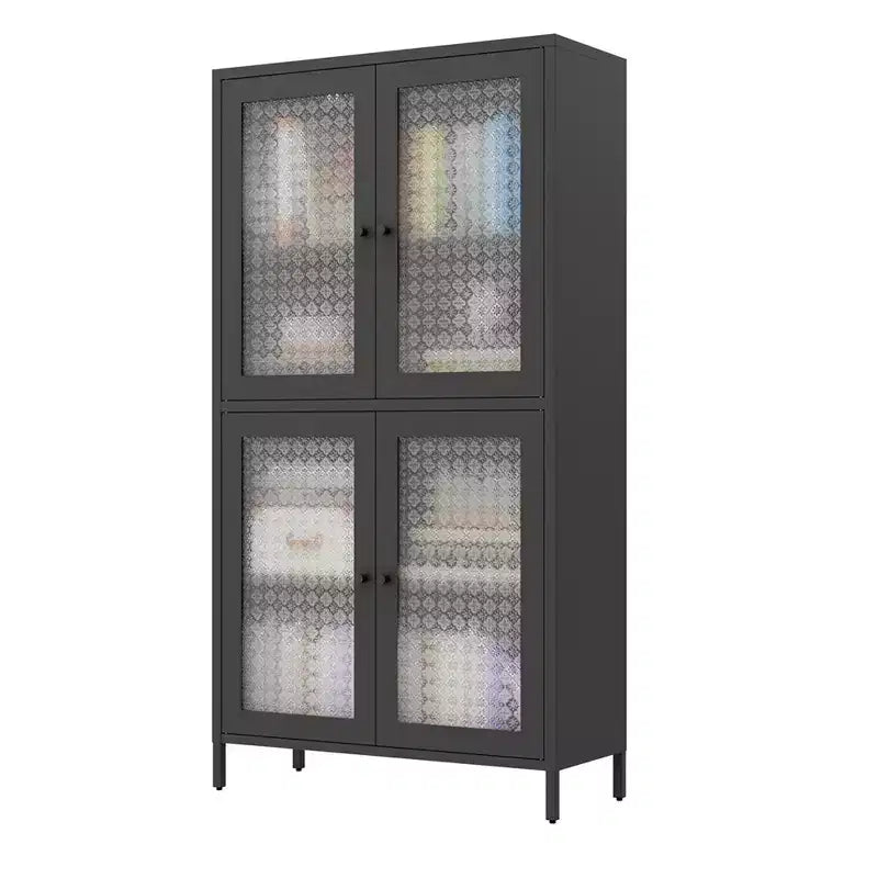 Armoire de rangement en métal, armoire de présentation haute de 150 cm avec 4 portes vitrées, meuble de rangement de cuisine, armoire de rangement en verre pour la maison ou le bureau