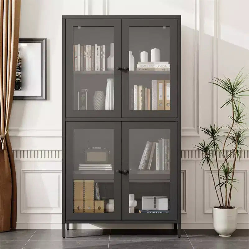 Armoire de rangement en métal, armoire de présentation haute de 150 cm avec 4 portes vitrées, meuble de rangement de cuisine, armoire de rangement en verre pour la maison ou le bureau