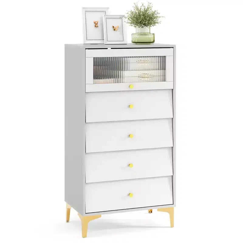 Costway 4 Drawer Dresser 44.5 Tall Dresser Chest of Drawers w/Flip-up Fluted Glass Door