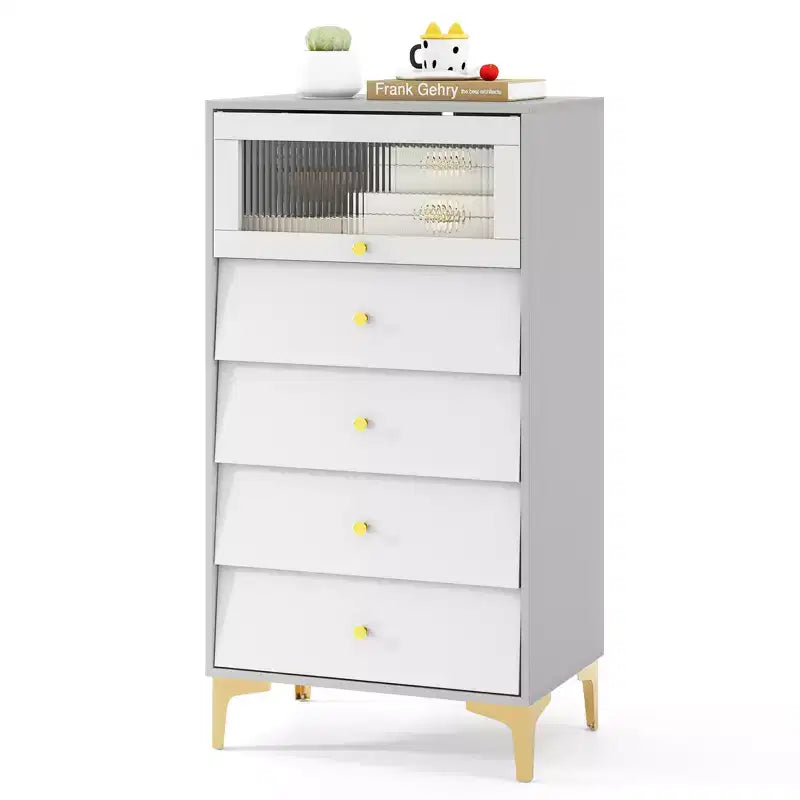 Commode à 4 tiroirs, commode haute de 113 cm avec porte en verre cannelé rabattable