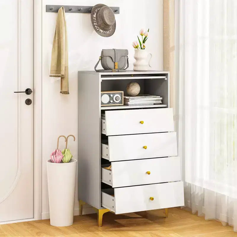 Commode à 4 tiroirs, commode haute de 113 cm avec porte en verre cannelé rabattable
