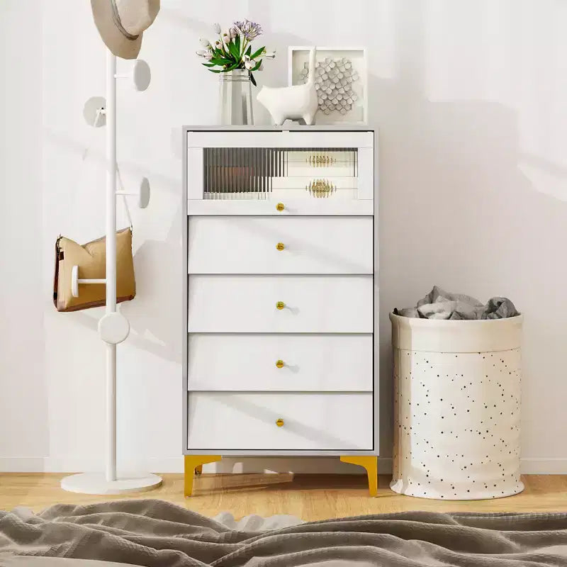 Commode à 4 tiroirs, commode haute de 113 cm avec porte en verre cannelé rabattable