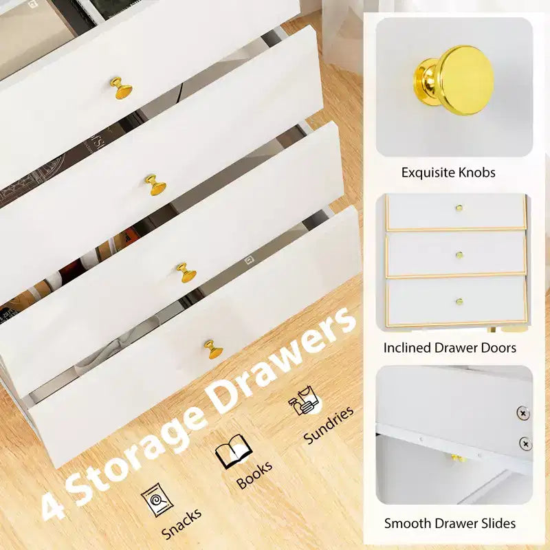 Commode à 4 tiroirs, commode haute de 113 cm avec porte en verre cannelé rabattable