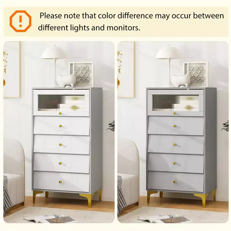 Commode à 4 tiroirs, commode haute de 113 cm avec porte en verre cannelé rabattable