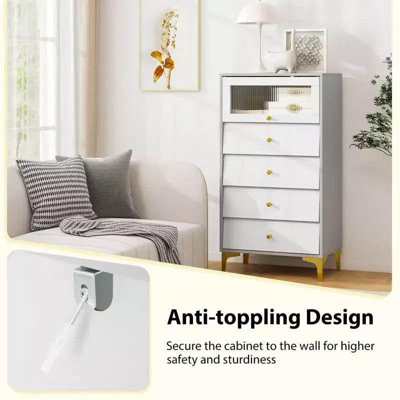 Commode à 4 tiroirs, commode haute de 113 cm avec porte en verre cannelé rabattable