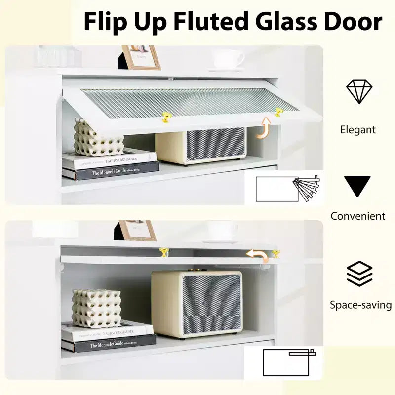 Commode à 4 tiroirs, commode haute de 113 cm avec porte en verre cannelé rabattable