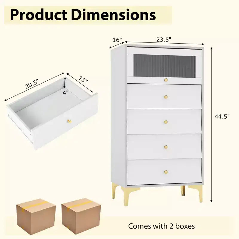 Commode à 4 tiroirs, commode haute de 113 cm avec porte en verre cannelé rabattable