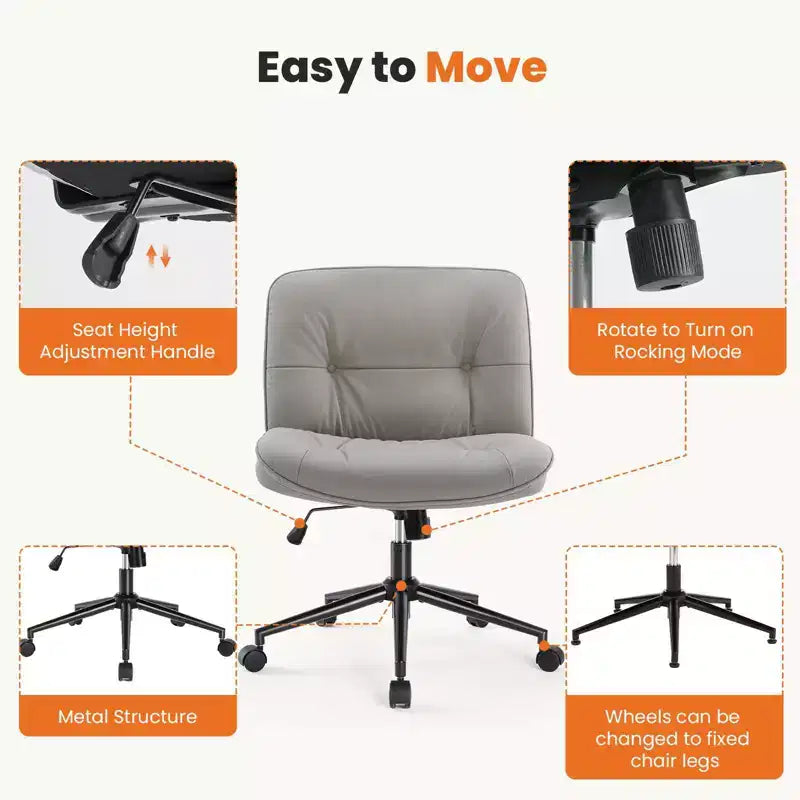 Fauteuil de bureau sans accoudoirs, chaise pivotante à assise large avec pieds croisés, réglable en hauteur, chaise d'appoint moderne en cuir PU pour bureau à domicile