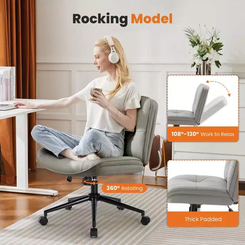 Fauteuil de bureau sans accoudoirs, chaise pivotante à assise large avec pieds croisés, réglable en hauteur, chaise d'appoint moderne en cuir PU pour bureau à domicile