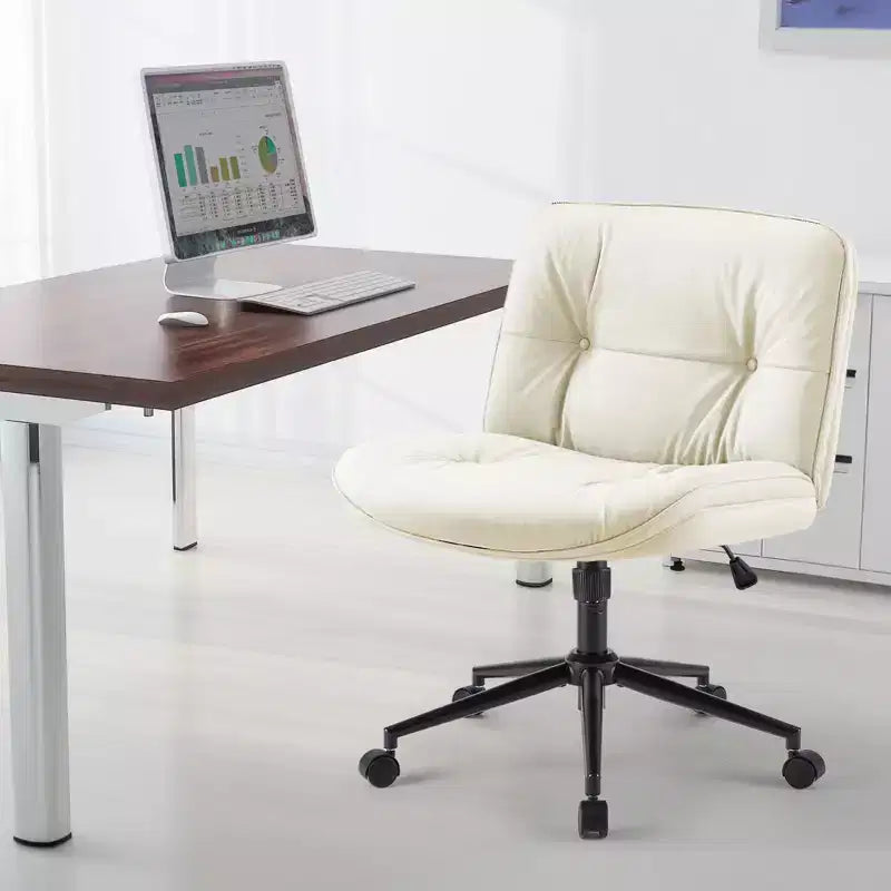 Fauteuil de bureau sans accoudoirs, chaise pivotante à assise large avec pieds croisés, réglable en hauteur, chaise d'appoint moderne en cuir PU pour bureau à domicile