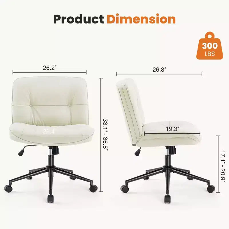 Fauteuil de bureau sans accoudoirs, chaise pivotante à assise large avec pieds croisés, réglable en hauteur, chaise d'appoint moderne en cuir PU pour bureau à domicile