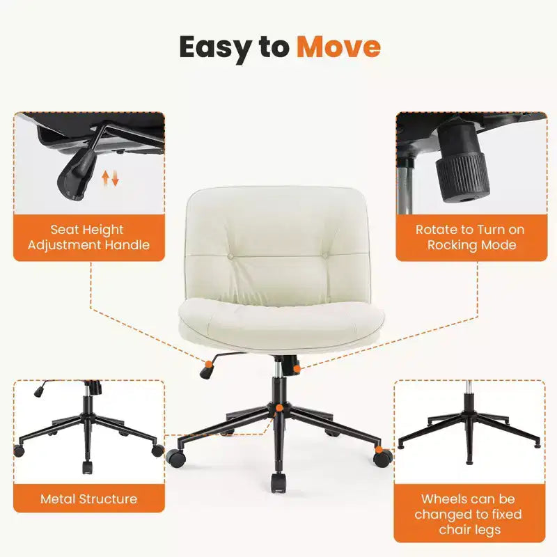 Fauteuil de bureau sans accoudoirs, chaise pivotante à assise large avec pieds croisés, réglable en hauteur, chaise d'appoint moderne en cuir PU pour bureau à domicile