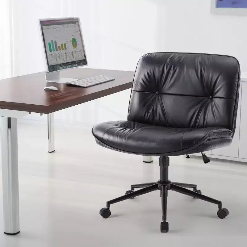 Fauteuil de bureau sans accoudoirs, chaise pivotante à assise large avec pieds croisés, réglable en hauteur, chaise d'appoint moderne en cuir PU pour bureau à domicile