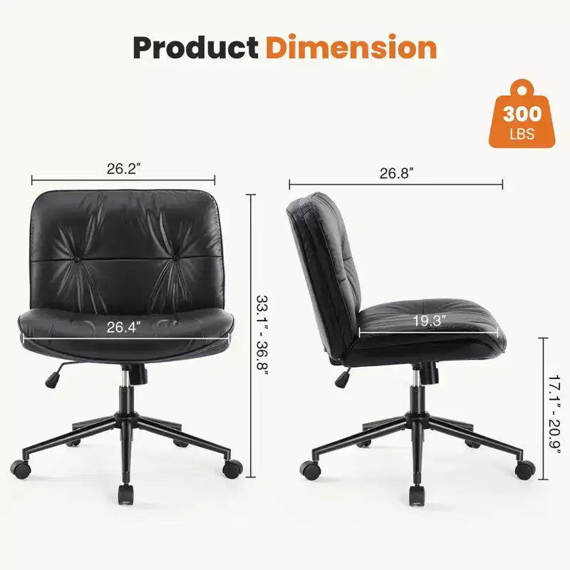 Fauteuil de bureau sans accoudoirs, chaise pivotante à assise large avec pieds croisés, réglable en hauteur, chaise d'appoint moderne en cuir PU pour bureau à domicile