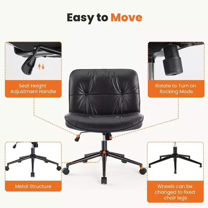 Fauteuil de bureau sans accoudoirs, chaise pivotante à assise large avec pieds croisés, réglable en hauteur, chaise d'appoint moderne en cuir PU pour bureau à domicile