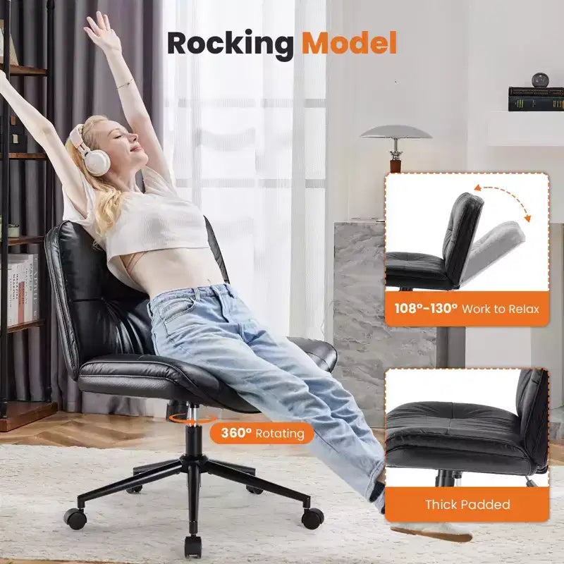 Fauteuil de bureau sans accoudoirs, chaise pivotante à assise large avec pieds croisés, réglable en hauteur, chaise d'appoint moderne en cuir PU pour bureau à domicile