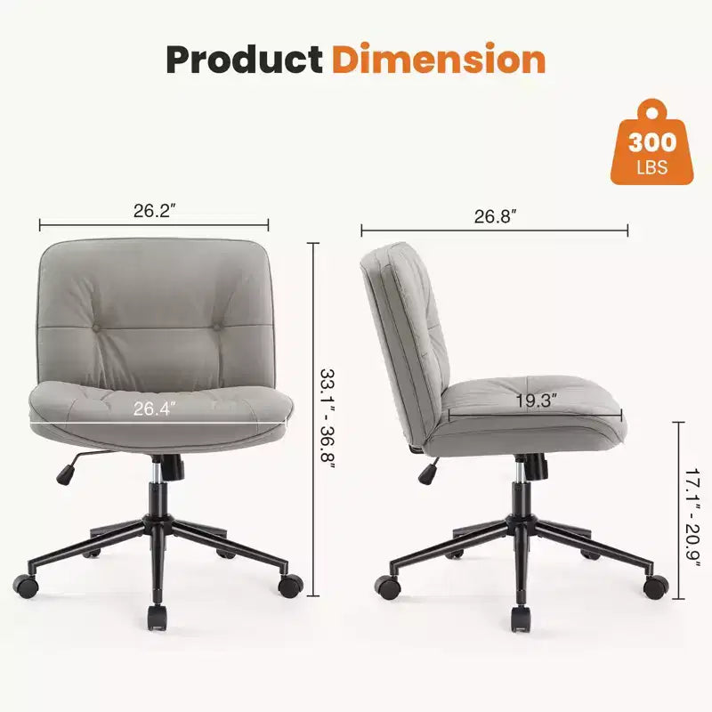 Fauteuil de bureau sans accoudoirs, chaise pivotante à assise large avec pieds croisés, réglable en hauteur, chaise d'appoint moderne en cuir PU pour bureau à domicile